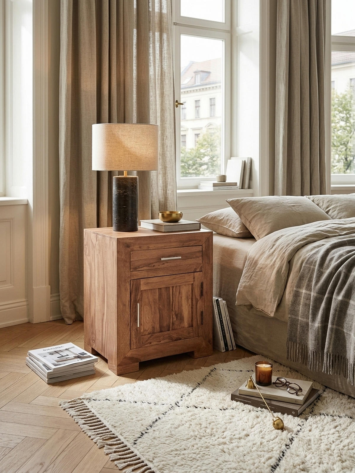 NACHTTISCH Massivholz Schublade Tür Landhausstil, Beige 50x40x60 cm - Beige, Holz/Metall (50/60/40cm) - KADIMA DESIGN