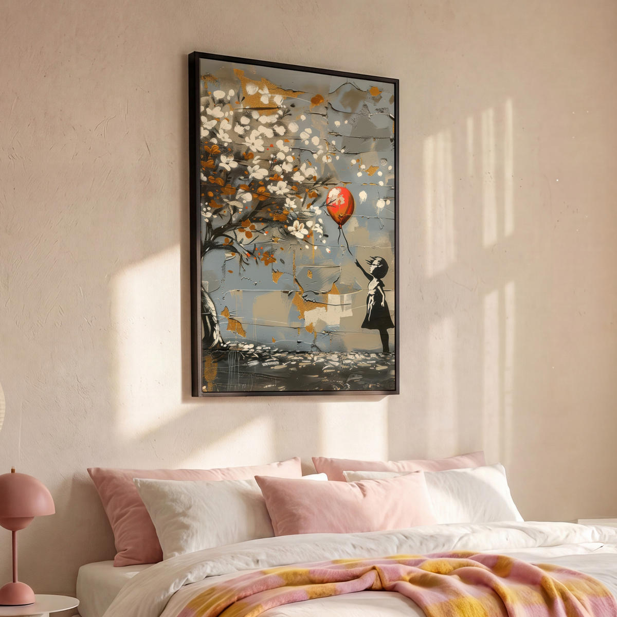LEINWAND Bilder mit Rahmen - Baum - Graffiti - Banksy-Stil - Ballon-Mädchen - 80x120 - Blaugrau, Textil (80/120cm) - MuchoWow