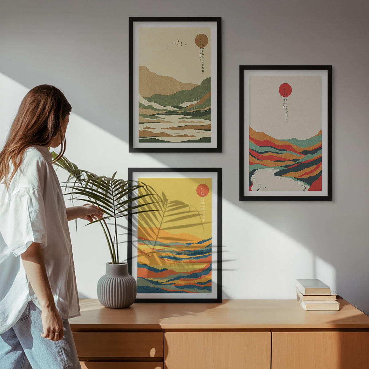 BILDER SET 3er Set - 40x60 cm Schwarzer Rahmen - Farbenfrohe Muster der Japandi-Flussberge - Schwarz, Kunststoff (40/60cm) - TULUP