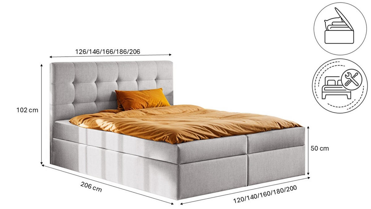BOXBETT Mit Matratze Und Bettkasten LUDANO Stoff Soro Hellgrau 160x200 cm H2-Pocket - Hellgrau, Holz (120/200cm) - Kaiser Möbel