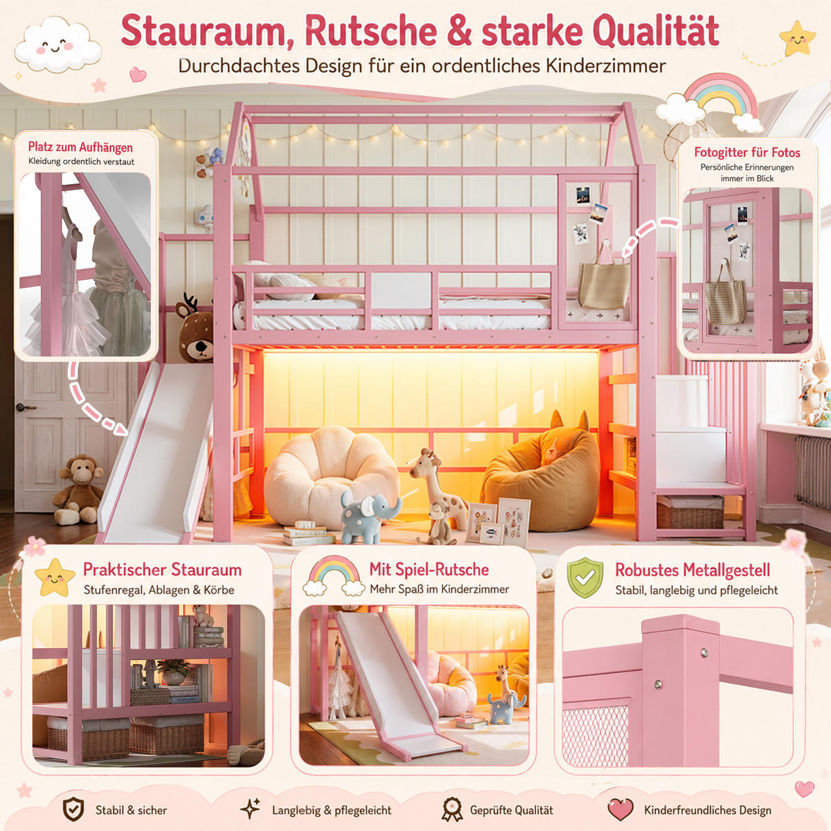HOCHBETT 90/200cm mit Rutsche, LED/Treppe, Metall, Rosa - Rosa, Metall (90/200cm) - LVHOM