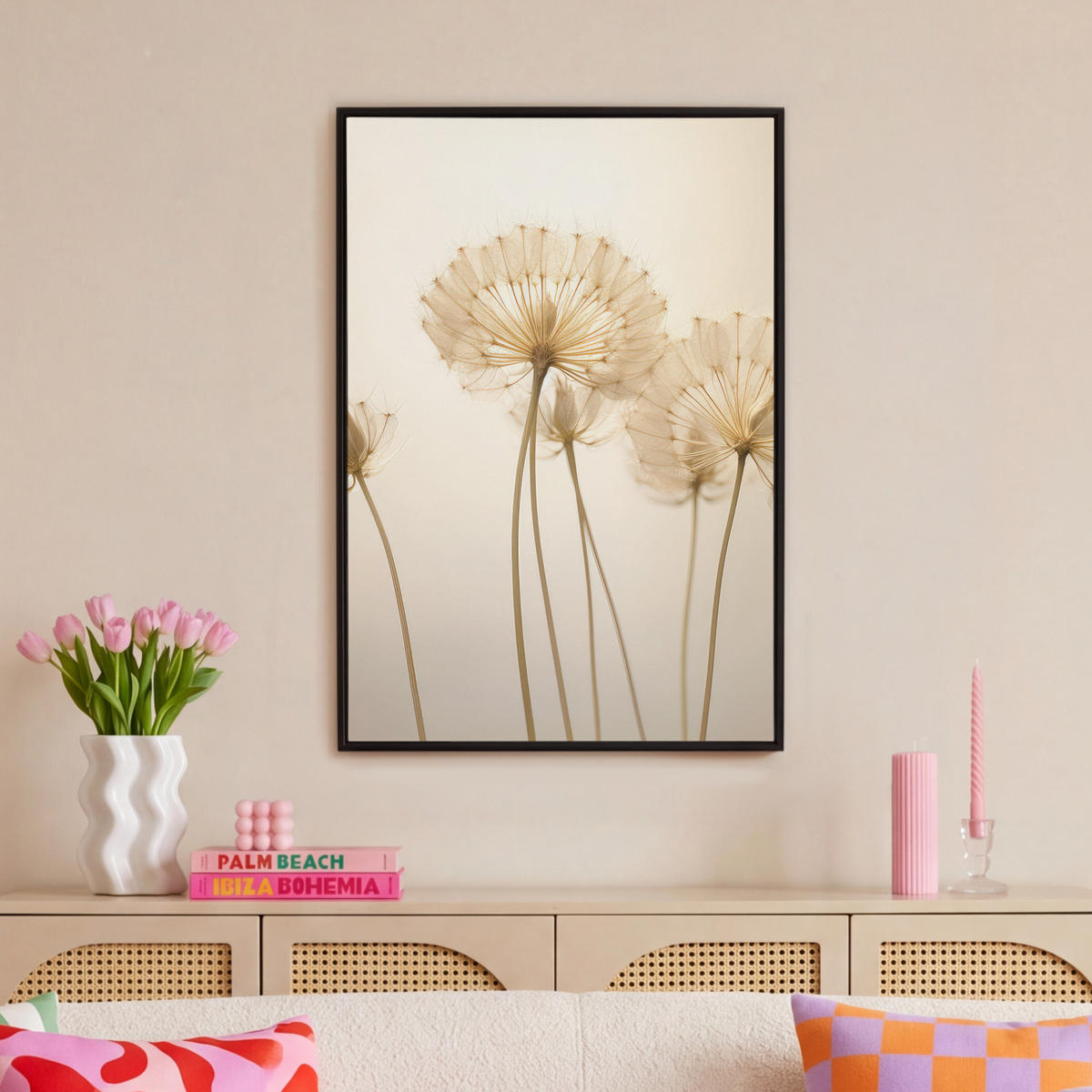 LEINWAND Bilder mit Rahmen - Sonnenlicht - Löwenzahn - Botanisch - Blumen - 60x90 - Creme, Textil (60/90cm) - MuchoWow