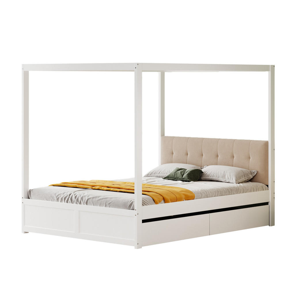 OKWISH POSTEL s nebesy 140/200 cm bílá z dřeva s čalouněným čelem a 2 zásuvkami