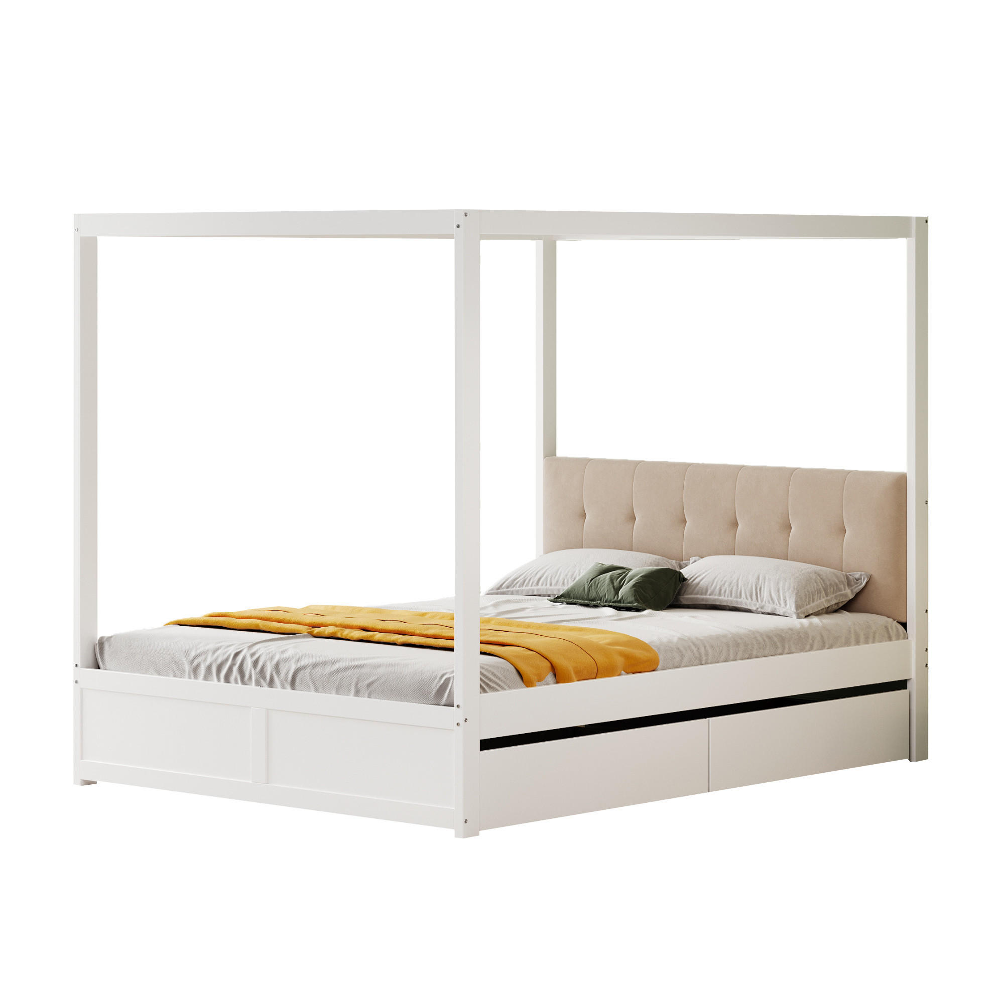 HIMMELBETT 140/200 cm weiß mit großen Schubladen und gepolsterter Rückenlehne - Weiß, Holz (140/200cm) - OKWISH