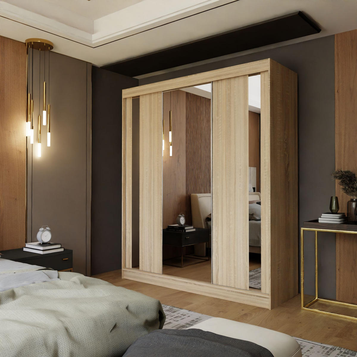 SCHWEBETÜRENSCHRANK GRAZIA 180/216/61 cm 3-türig mit Spiegel Sonoma Eiche - Sonoma Eiche, Holzwerkstoff (180/216/61cm) - MASSENO