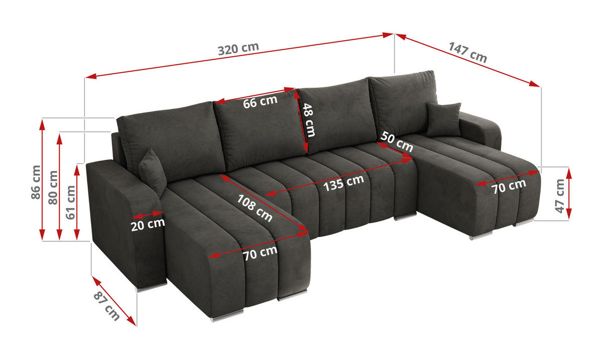 WOHNLANDSCHAFT KIRASSO U Dunkelgrau Velvet - Dunkelgrau/Grau, Textil/Metall (320/86/147cm) - MKS