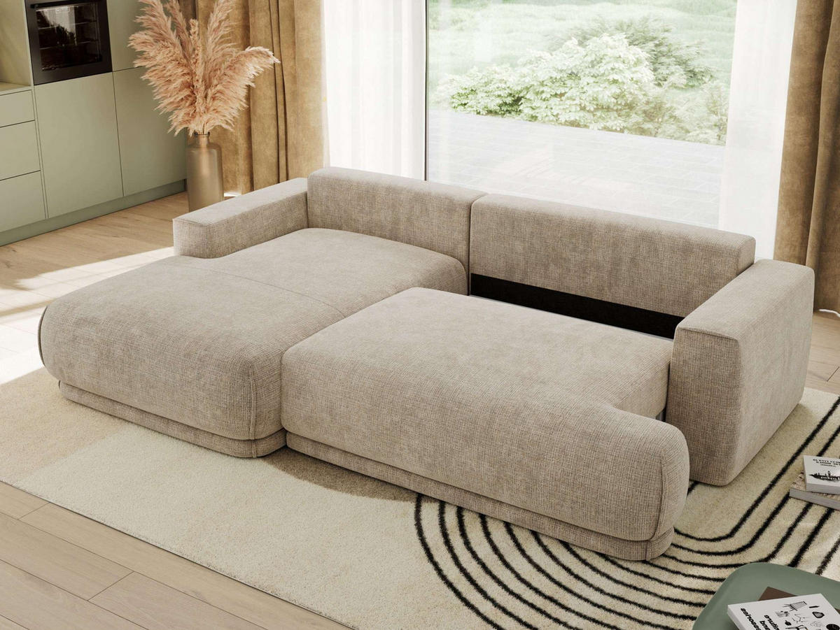 ECKSCHLAFSOFA RINA L Beige Schenille grob gewebt - links - Beige/Schwarz, Kunststoff/Textil (267/170cm) - MKS