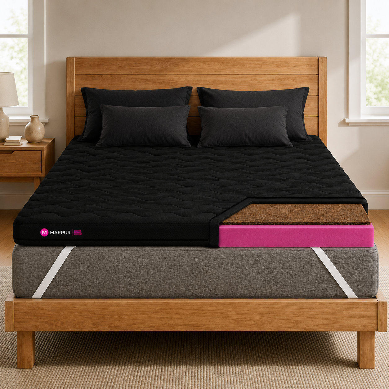 MARPUR TOP5 Kokos Topper 160x200 cm H4, 5 cm, Schwarz - Schwarz, Textil (160/200cm) - Marpur