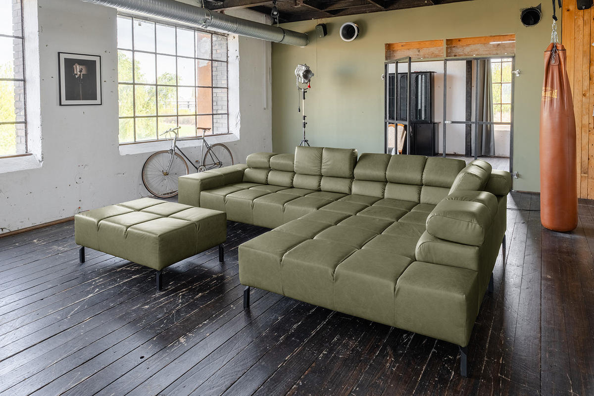 ECKSOFA NELSON Grün Leder Relaxfunktion - Schwarz/Olivgrün, Leder/Metall (321/216cm) - KAWOLA