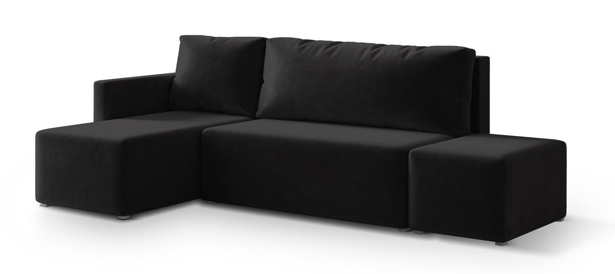 ECKSOFA VELOTTI L-S Schwarz Plüsch-Stoff mit Schlaffunktion - Schwarz, Holz (261/143cm) - MASSENO