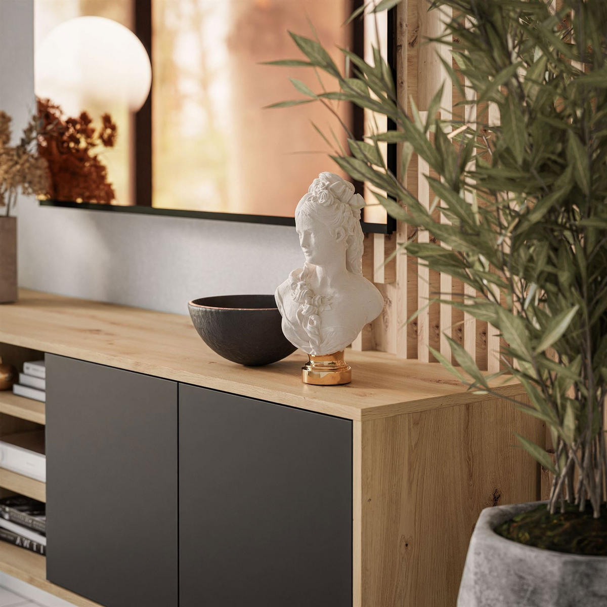 TV-ELEMENT SANAYI Hängend mit Regalen Eiche Artisan/Schwarz - Schwarz, Holzwerkstoff (156/41/38cm) - Lookway