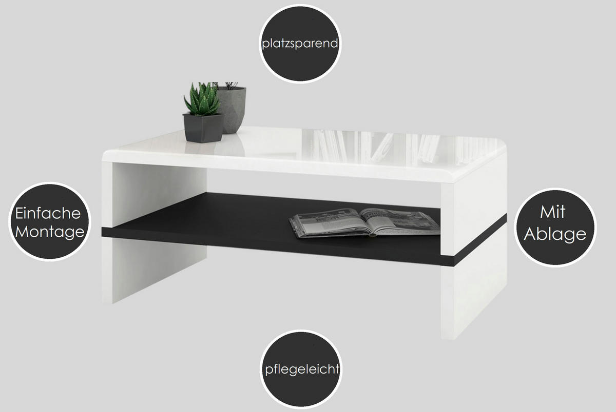 COUCHTISCH rechteckig Weiß Hochglanz - Beton mit Ablage - Weiß Hochglanz/Hellgrau, Holzwerkstoff (60/100/43cm) - designimpex