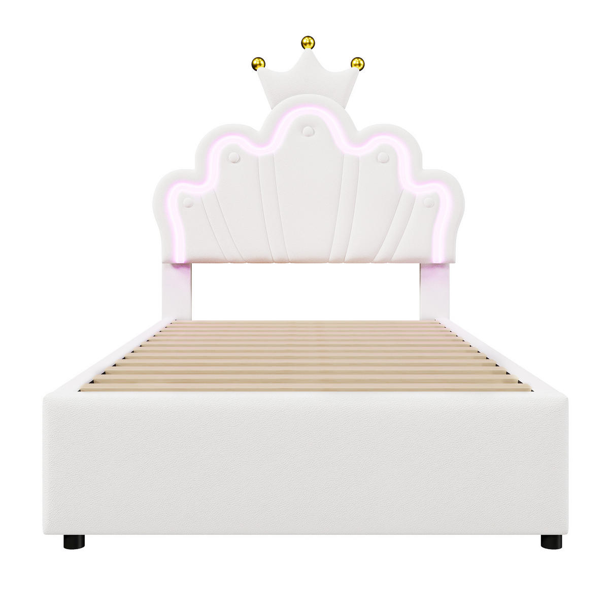 KINDERBETT 90/200 cm in Weiß mit LED-Licht, 2 Schubladen und verstellbarem Kopfteil - Weiß, Leder (90/200cm) - BEAOK