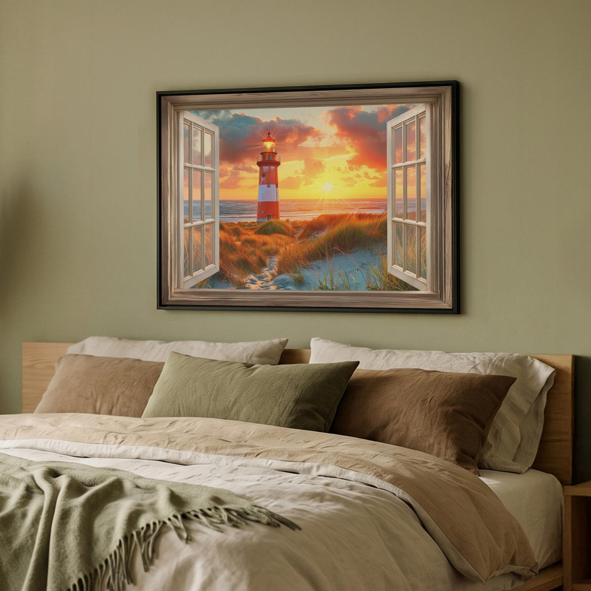 LEINWAND Bilder mit Rahmen - Aussicht - Fenster - Leuchtturm - Sonnenuntergang - Strand - 70x50 - Dunkelorange, Textil (70/50cm) - MuchoWow