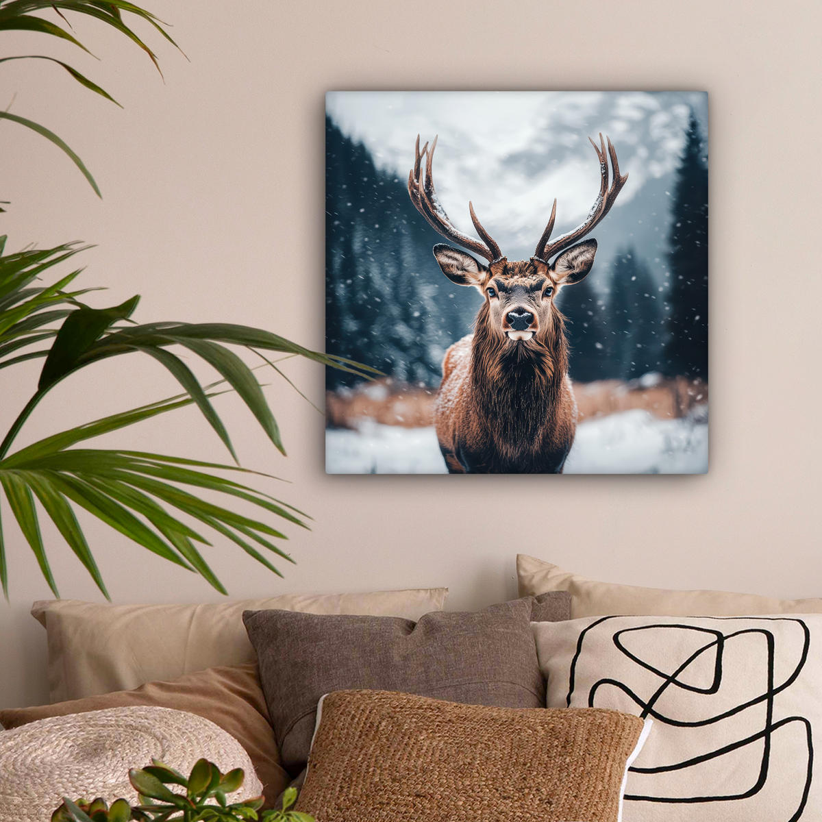 LEINWANDBILD Hirsche - Tiere - Landschaft - Winter - Schnee 50x50 cm - Kastanienfarben, Textil (50/50cm) - MuchoWow