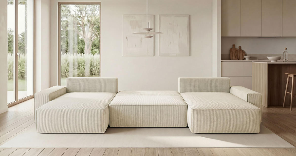 ECKSOFA CALIFORNIA U-Form weiß Cord POSO 100 - Schlaffunktion, Bettkasten - Weiß, Textil (385/185cm) - Cornero