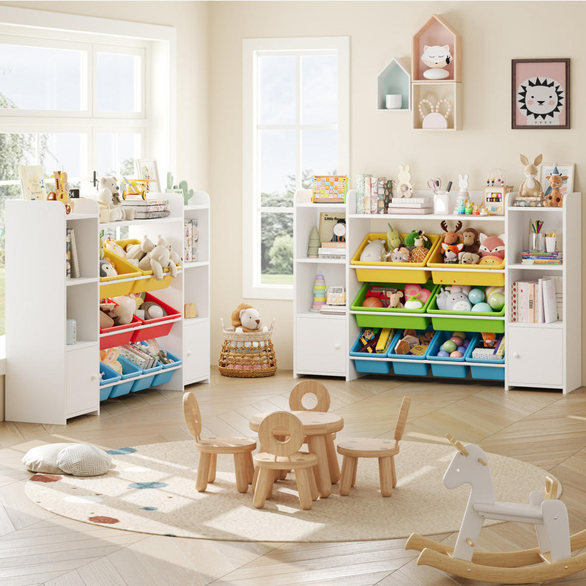 KINDERREGAL –Aufbewahrung für Spielzeug und Bücher, 138×29×94 cm, mit 8 Boxen und 9 Fächern - Weiß, Holz (29.6/94.3/138.8cm) - Kaket