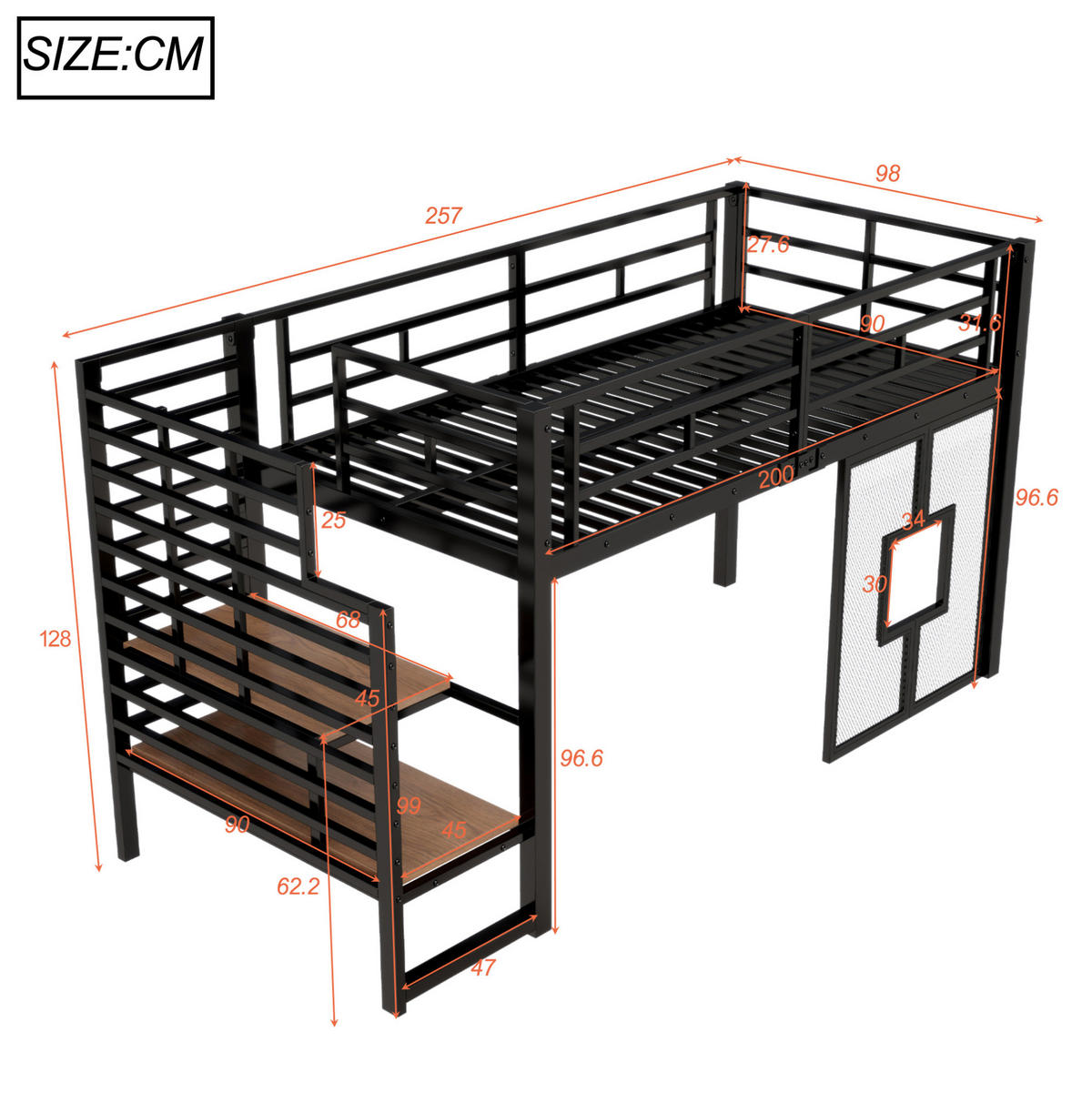 HOCHBETT 90/200 cm mit Stauraumtreppe, LED-Beleuchtung und Fenstern aus Metall, Schwarz - Schwarz, Metall (90/200cm) - Redom