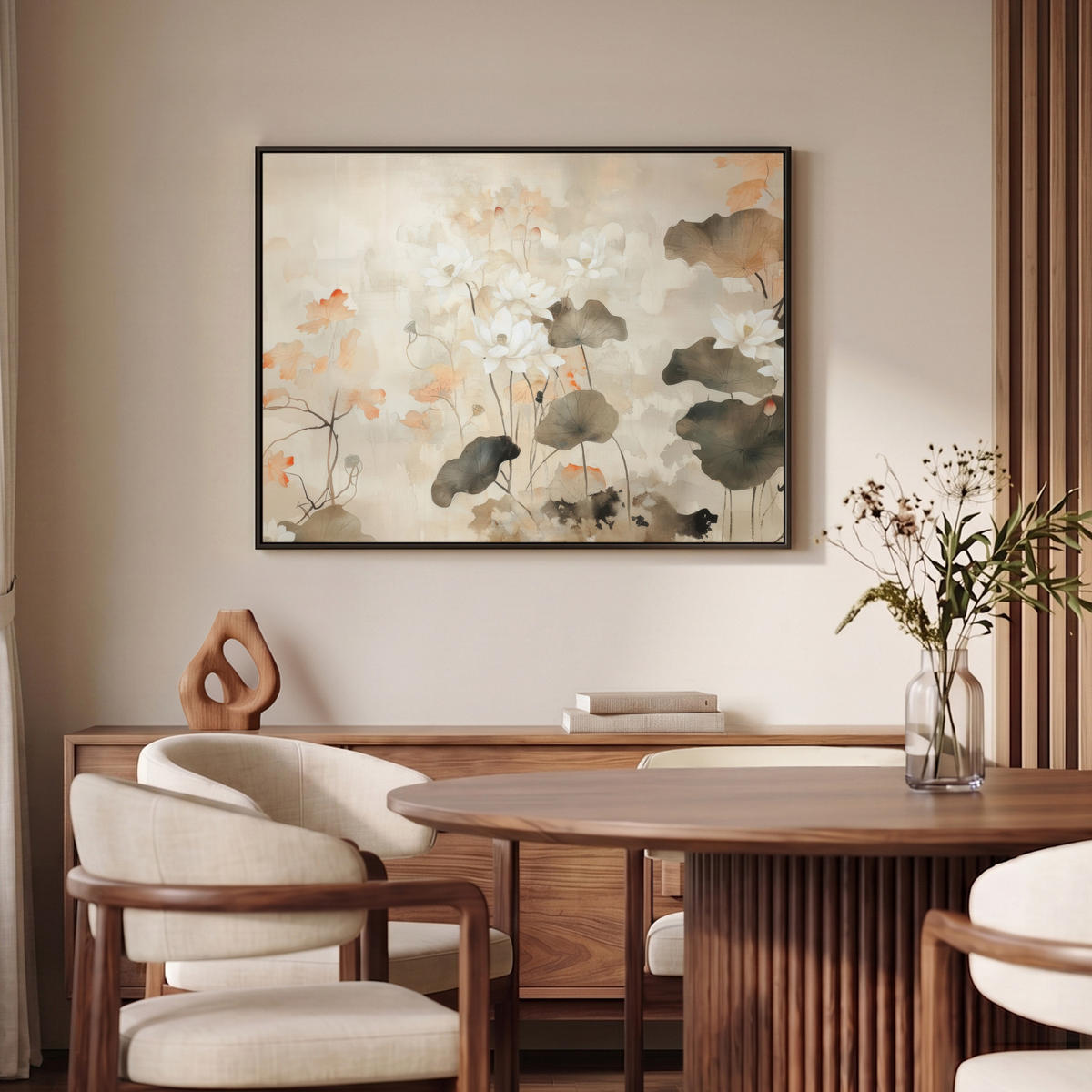 LEINWAND Bilder mit Rahmen - Blumen - Japandi - Wabi sabi - 100x70 - Sandfarben, Textil (100/70cm) - MuchoWow