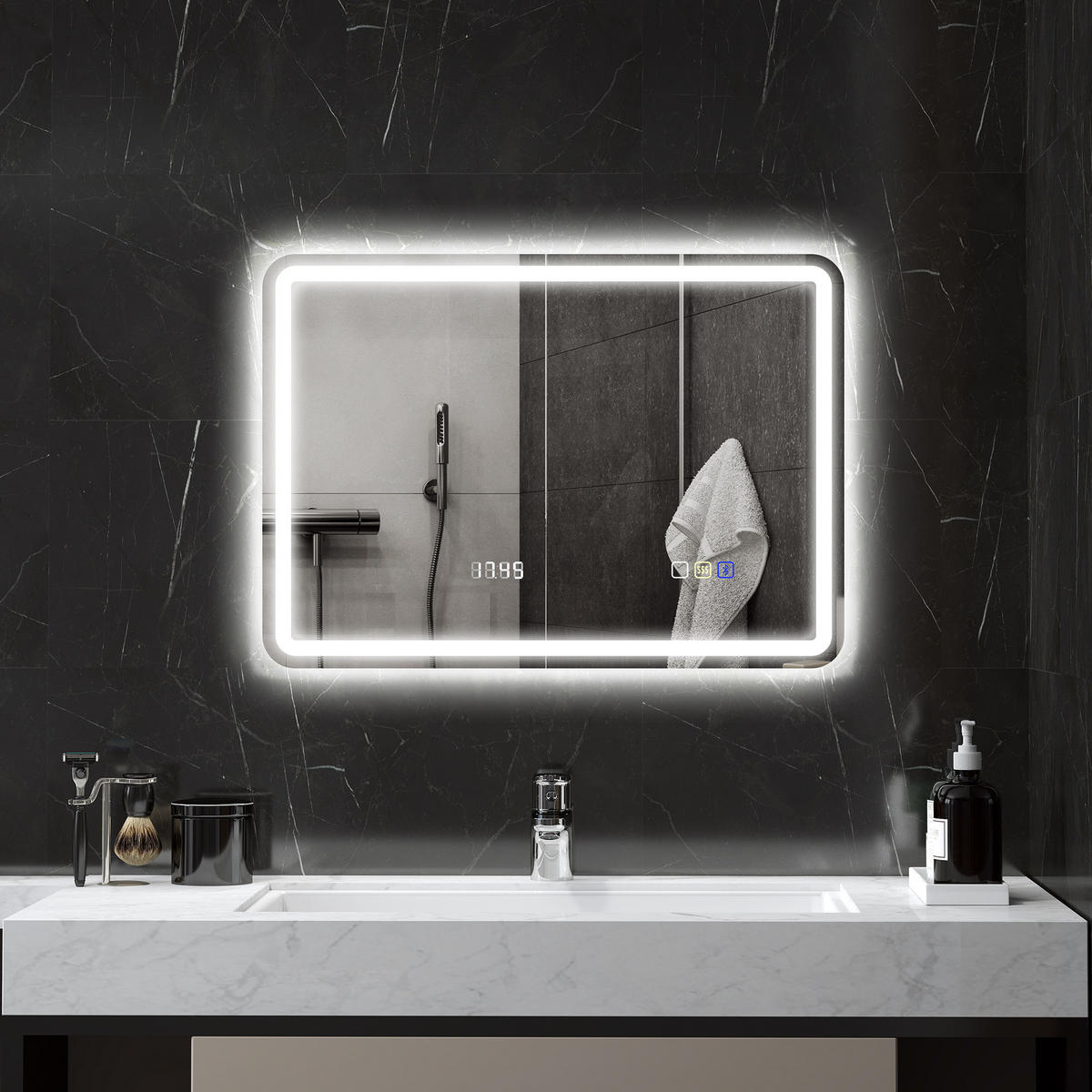 BADEZIMMERSPIEGEL DE-15201 mit Bluetooth, Uhrzeit und Antibeschlag Silber - Silberfarben, Glas (3.5/70/50cm) - ComfortXL