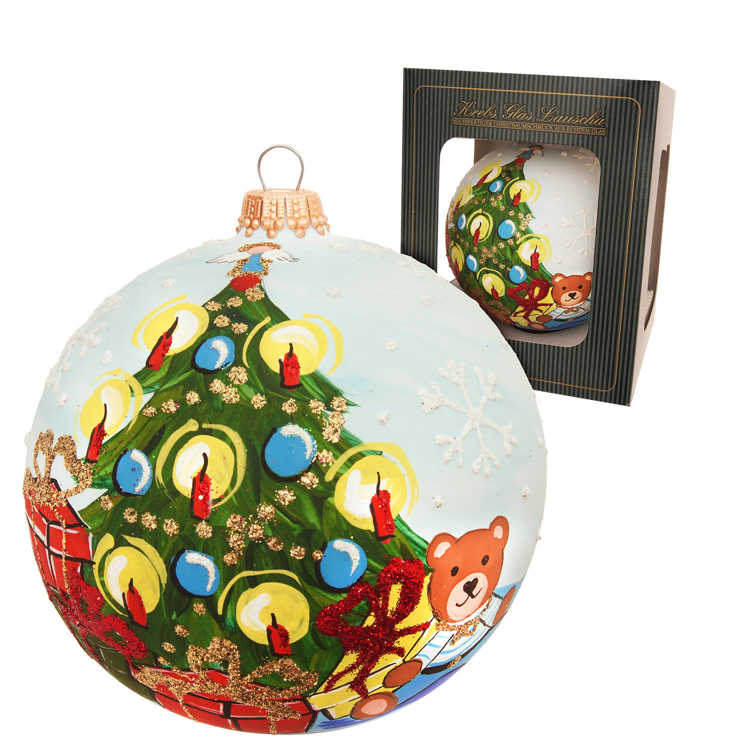 CHRISTBAUMKUGEL Christbaum und Bär Blau 10cm (Glas / 1 Stk.) - Blau, Glas (10/10/10cm) - Krebs Glas Lauscha
