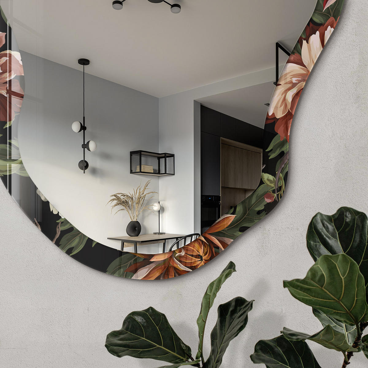 SPIEGEL 90x45 cm asymmetrisch mit Druck - Exotische Flora - Transparent, Glas (45/90/0.4cm) - TULUP