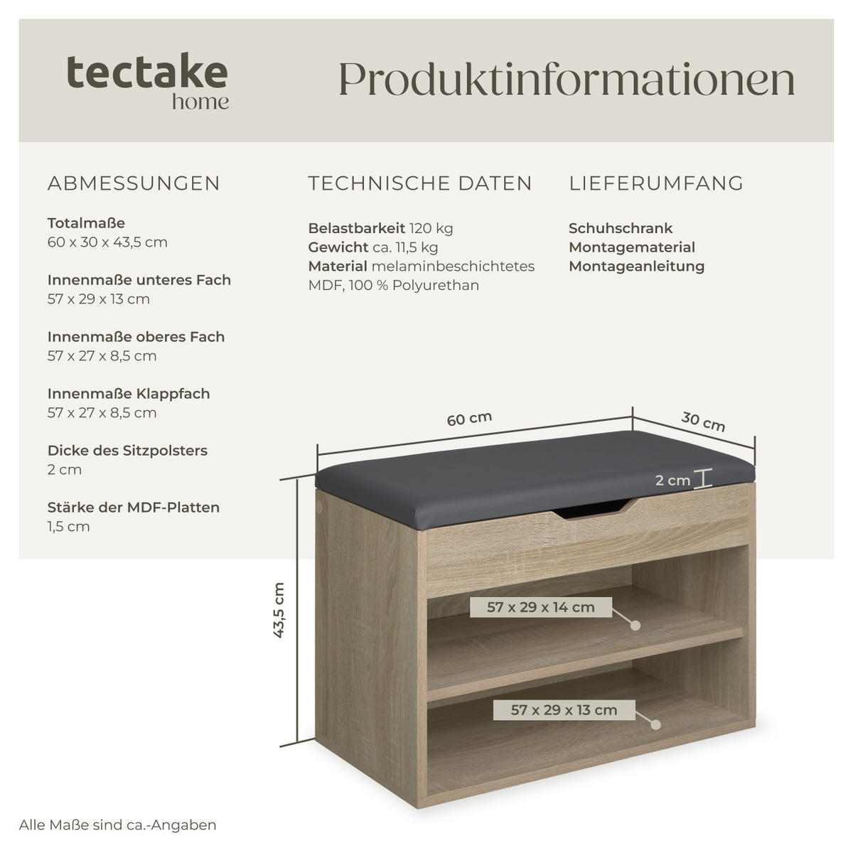 SCHUHBANK Jasmina,60 x 30 x 43,5 cm,Holz hell, Eiche Sonoma - Eiche Artisan, Holz (30/43.5/60cm) - tectake