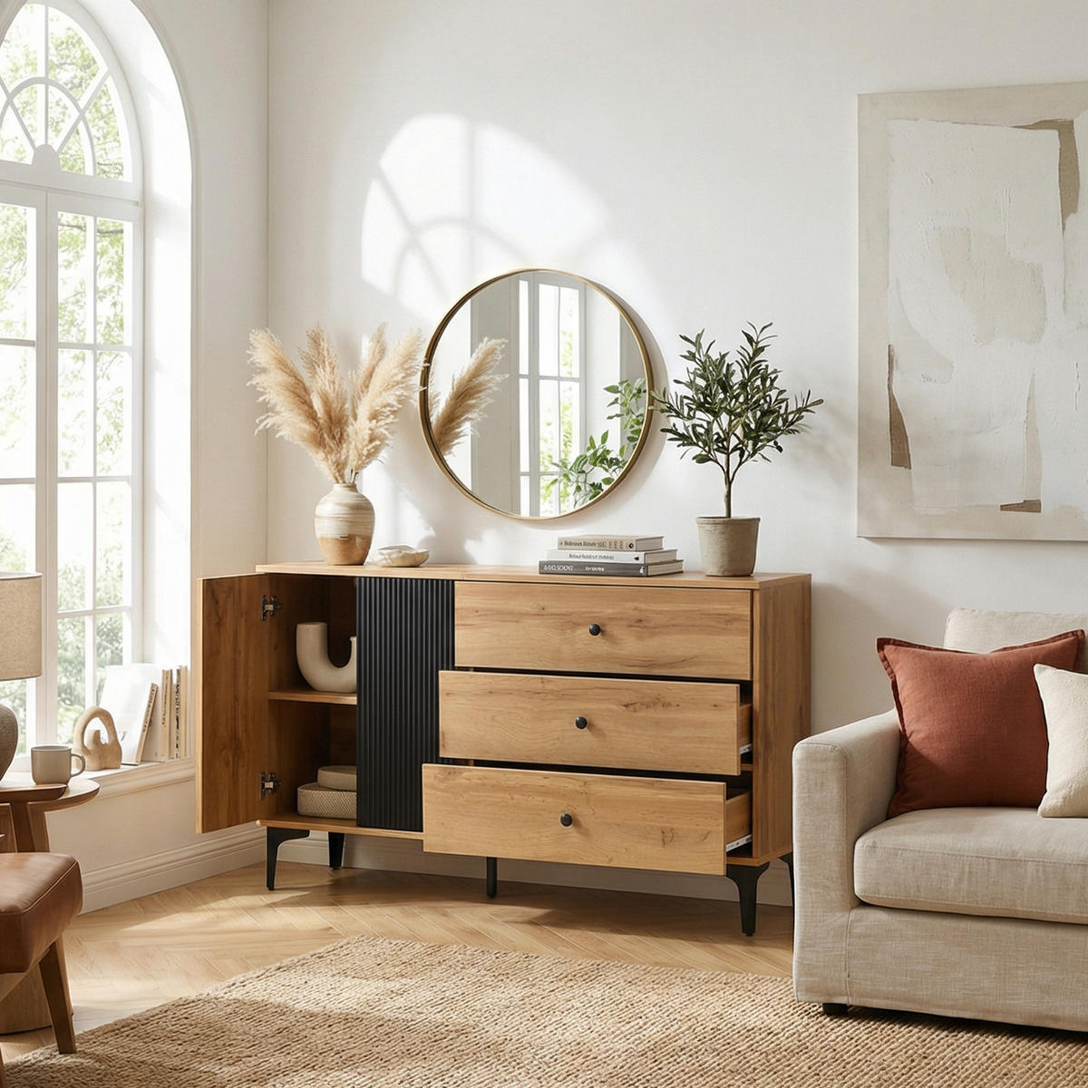 SIDEBOARD 120 cm Naturholz & Schwarz mit Tür, 3 Schubladen & Metallbeinen im skandinavischen Stil - Naturfarben, Holzwerkstoff (120/76/35cm) - Urban Meuble
