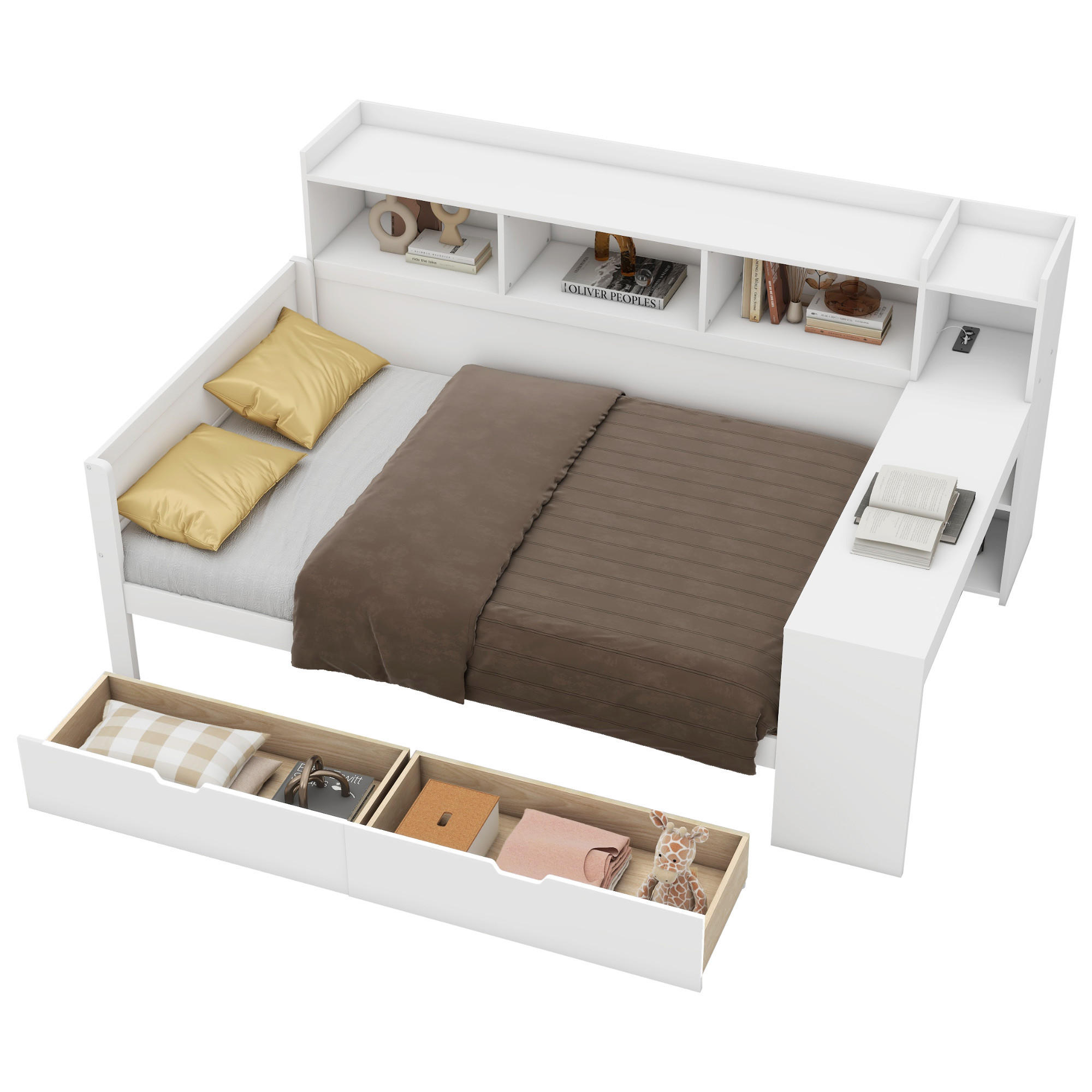 SCHLAFSOFA 90x200cm Weiß Spanplatte Nachttischablage Schreibtisch USB - Weiß, Holz (90/200cm) - FLIEKS