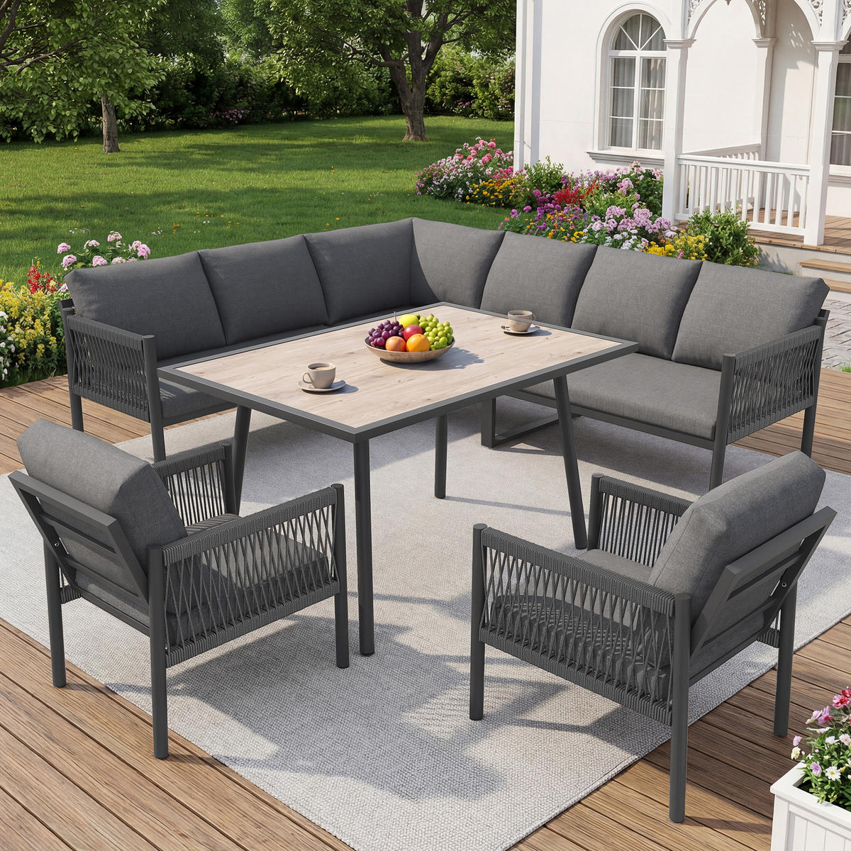 GARTENLOUNGE Grau 7-8 Personen L-Form Sofa Tisch 2 Sessel - Grau, Metall - FLIEKS