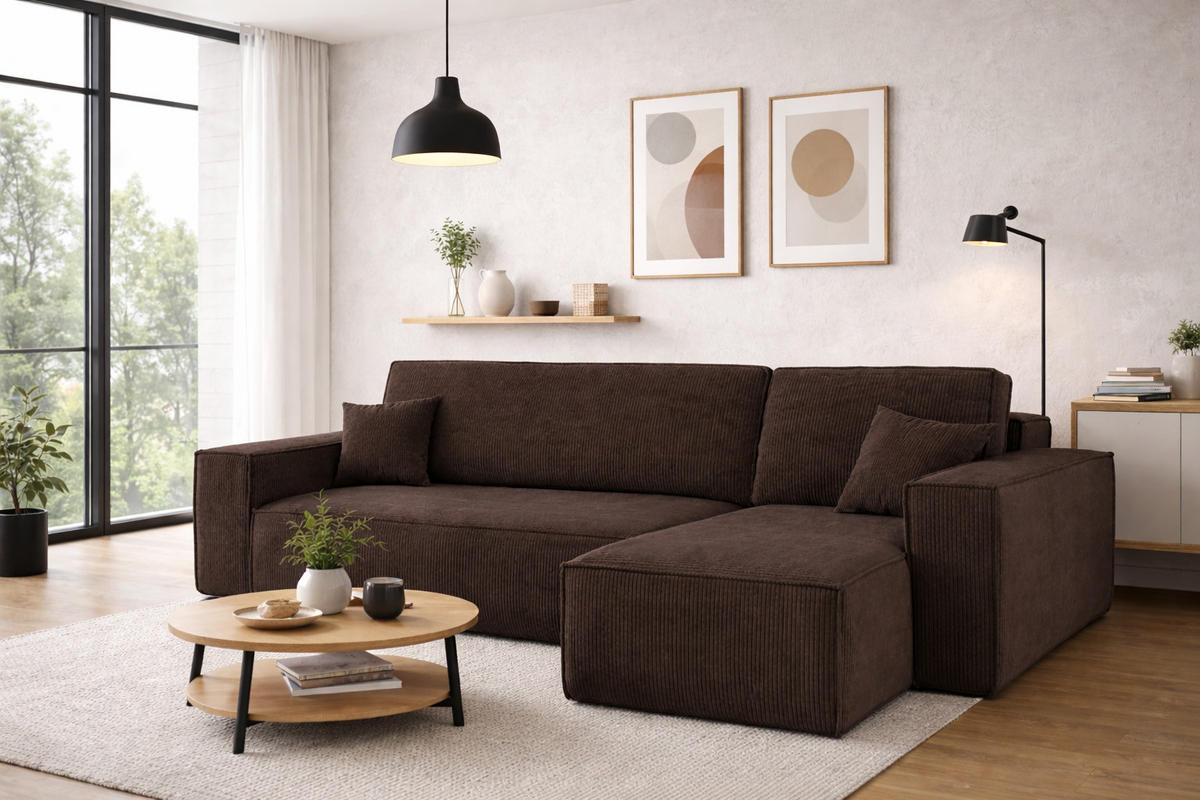 ECKSOFA Mit Schlaffunktion Und Bettkasten BEST Stoff Poso Dicker Cord Braun Rechts - Braun, Holz/Textil (244/142cm) - Kaiser Möbel