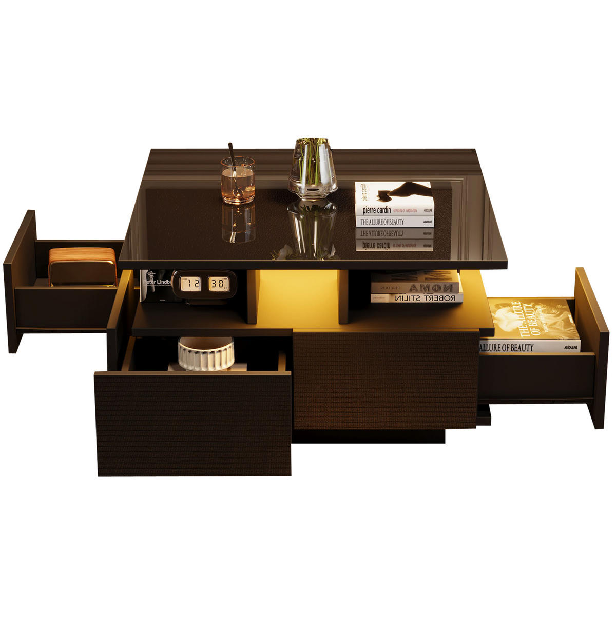 COUCHTISCH 70/70/40 cm schwarz mit 4 Schubladen und LED-Beleuchtung - Schwarz, Holzwerkstoff (70/70/40cm) - OKWISH