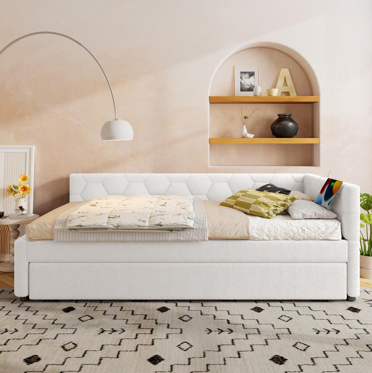 TAGESBETT 90/200 cm mit Ausziehbett, USB- und Typ-C-Anschluss, Nachttischlampe und Lattenrost, Vliesimitat, Weiß - Weiß, Textil (90/200cm) - Redom