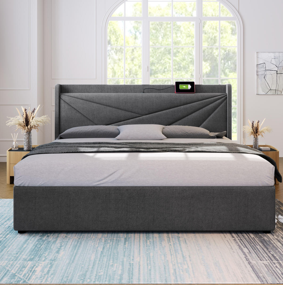 ZAKONSKA postelja z dvižnim predalom iz bombažnega lanu 160x200 cm siva z USB in USB-C polnjenjem, geometrijskim vzglavjem in vzmetnico - siva, tekstil (160/200cm) - Modfu