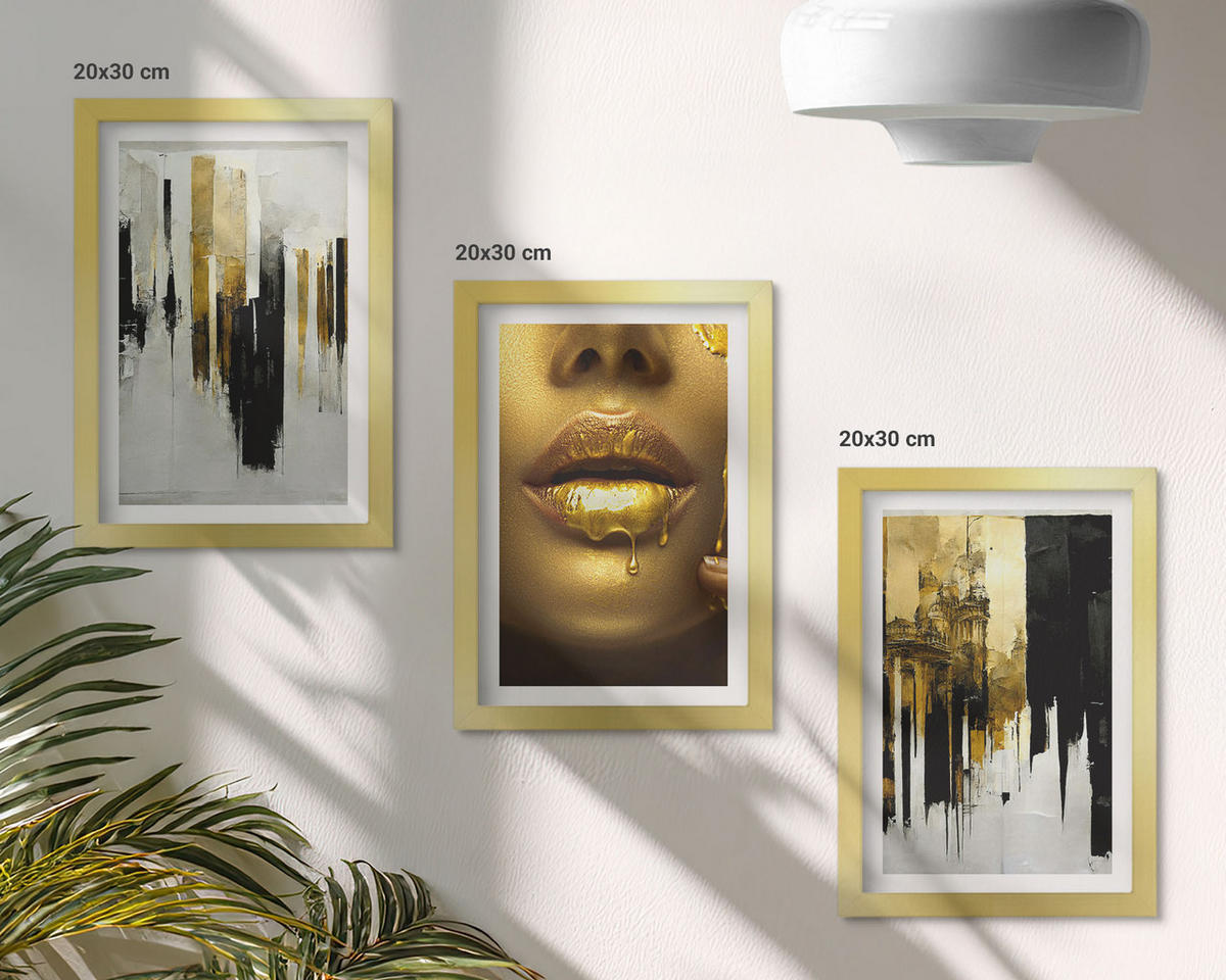 WANDBILDER 3er Set - 20x30 cm Goldrahmen - Abstrakte Porträtmalerei - Goldfarben, Kunststoff (20/30cm) - ArtPrintCave