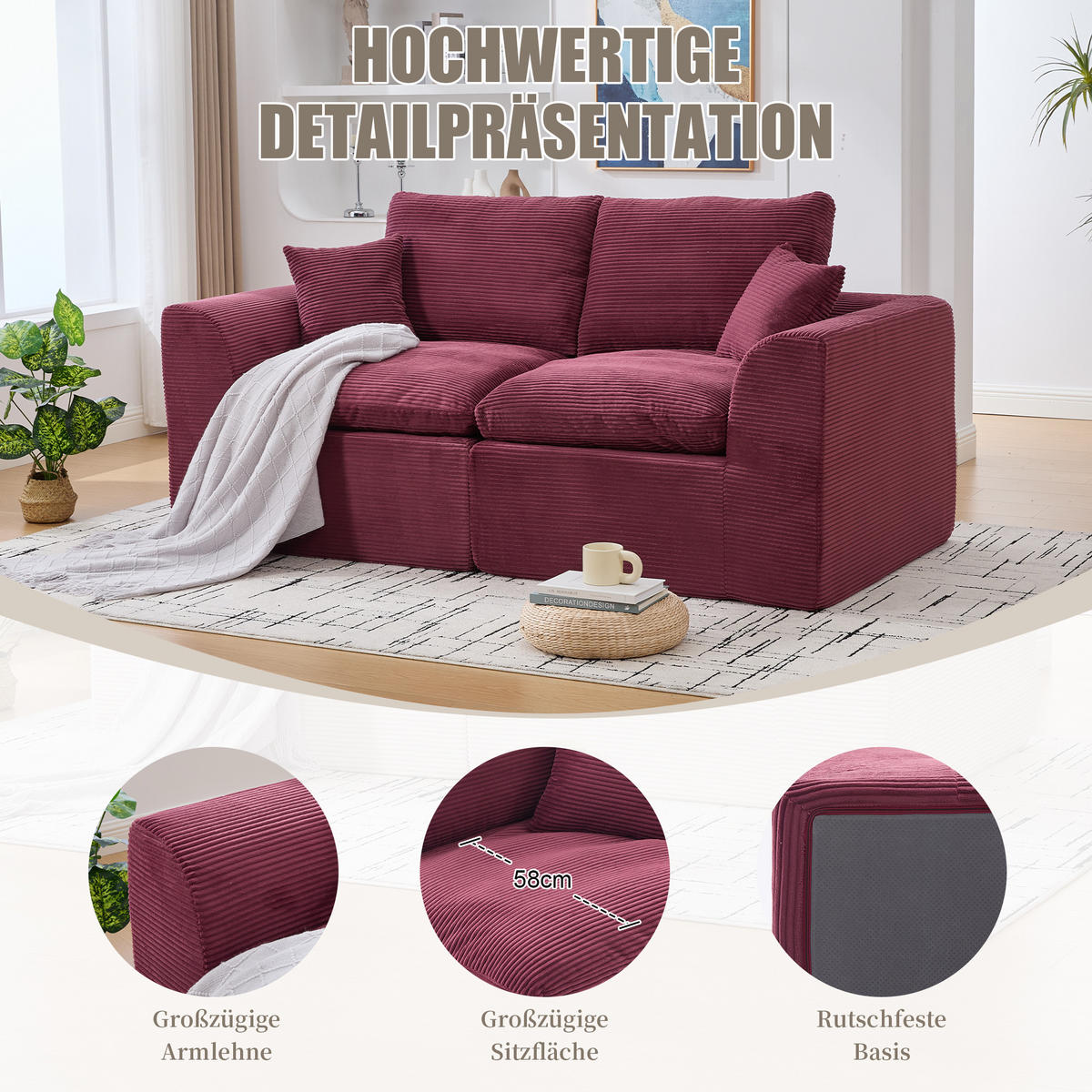 2-SITZER SOFA Cord Weinrot mit Kissen - Weinrot, Textil (204/84/102.5cm) - WISHDOR