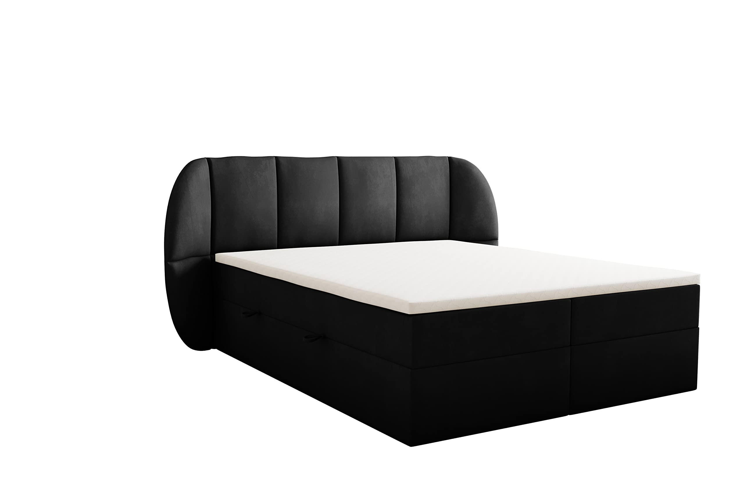 BOXBETT 160x200 cm, BILBAO, Elegant dekoratives Kopfteil, Mit Bettkasten und Taschenmatratze, Schwarz - Schwarz, Holzwerkstoff/Kunststoff (160/200cm) - Trada