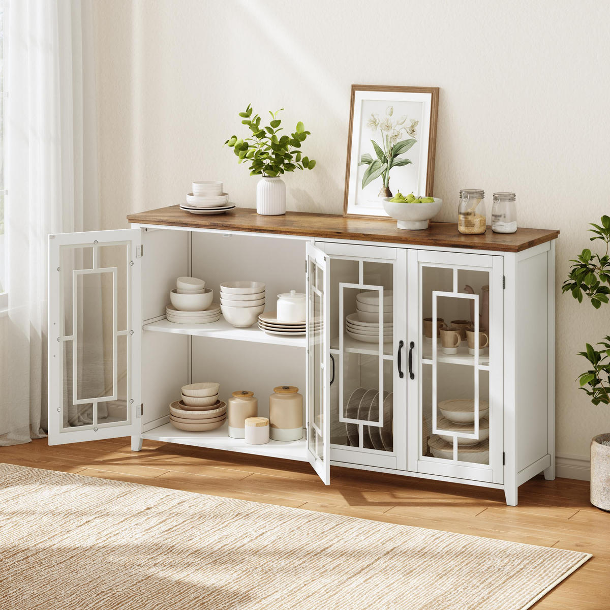 GESCHIRRSCHRANK 160 cm MDF Weiß mit Glastüren und Holzoptik-Arbeitsplatte - Weiß, Holzwerkstoff (40/86/160cm) - Korfee