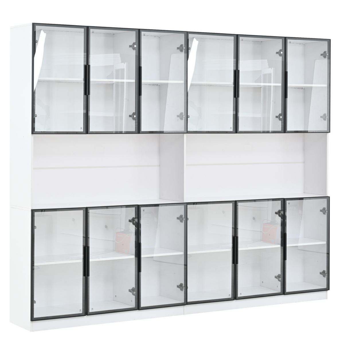 VITRINE aus MDF und Glas 240/34/200 cm mit LED-Beleuchtung, App-Steuerung und 12 Türen, Weiß - Weiß, Holzwerkstoff (240/200/34cm) - Redom