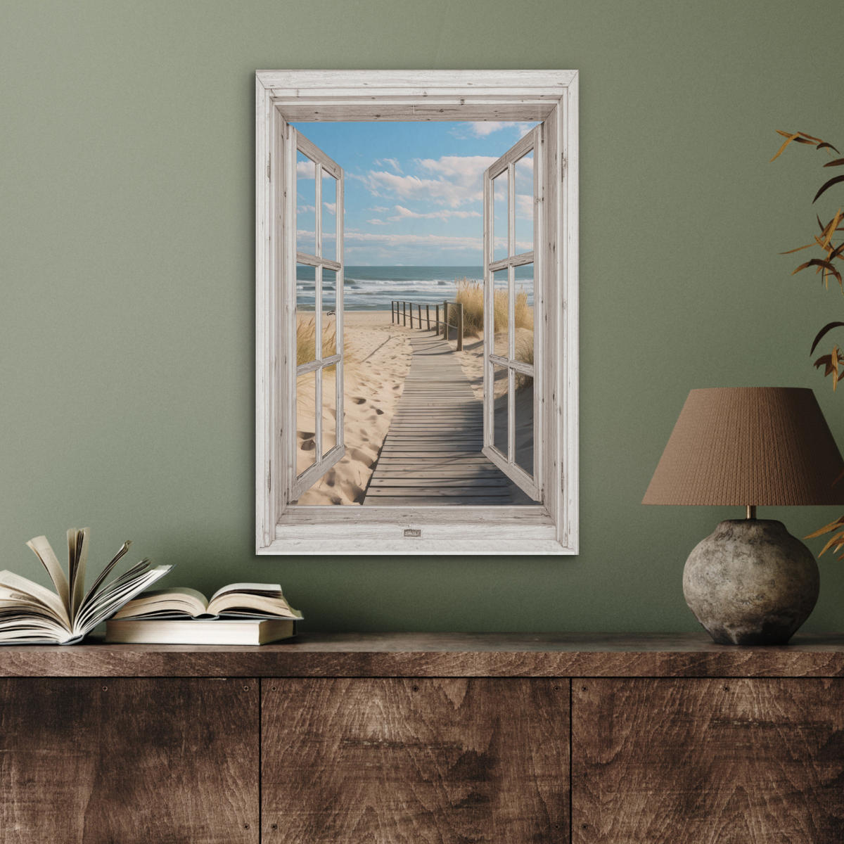 AKUSTIKBILD Fenster - Meer - Küste - Natur - Ausblick - Strand - Wattenmeer Kunstdruck Schlafzimmer 50x70 cm - Beige, Kunststoff (50/70/0.9cm) - MuchoWow