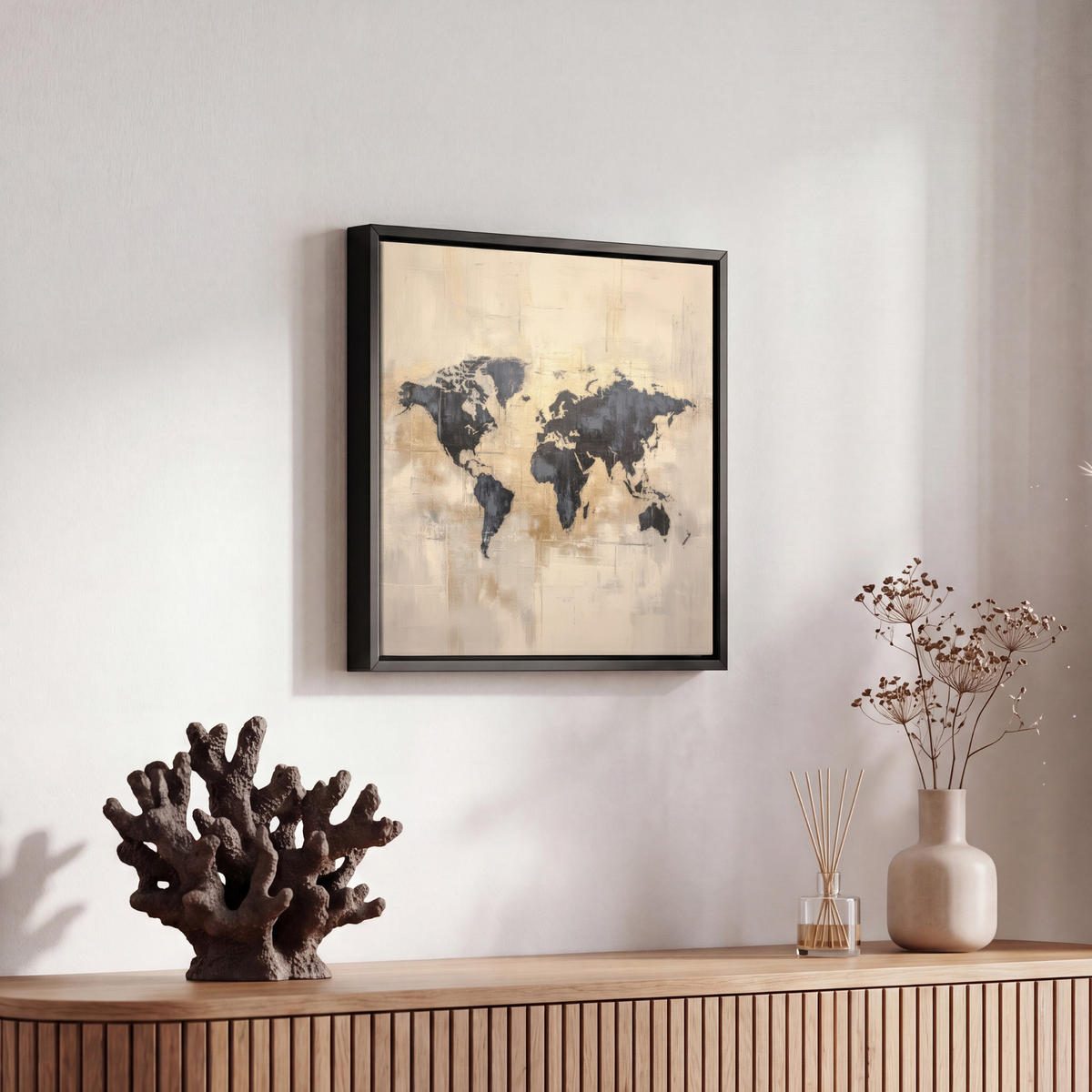 LEINWAND Bilder mit Rahmen - Weltkarte - Gold - Schwarz - Abstrakt - 20x20 - Kupferfarben, Textil (20/20cm) - MuchoWow