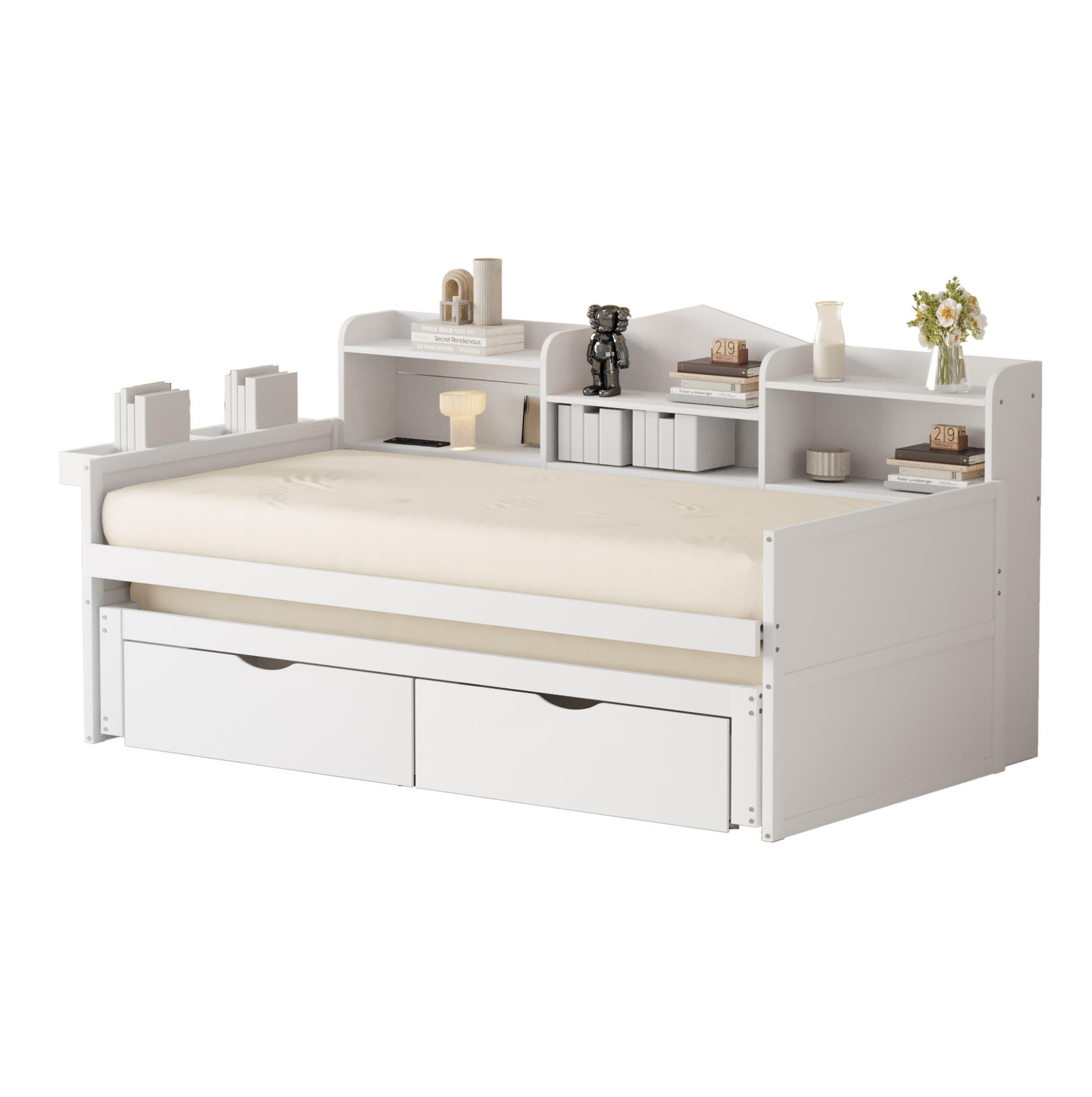 BETT 90/200 cm aus Holz mit Ausziehbett, Weiß - Weiß, Holz (90/200cm) - OKMYHOME
