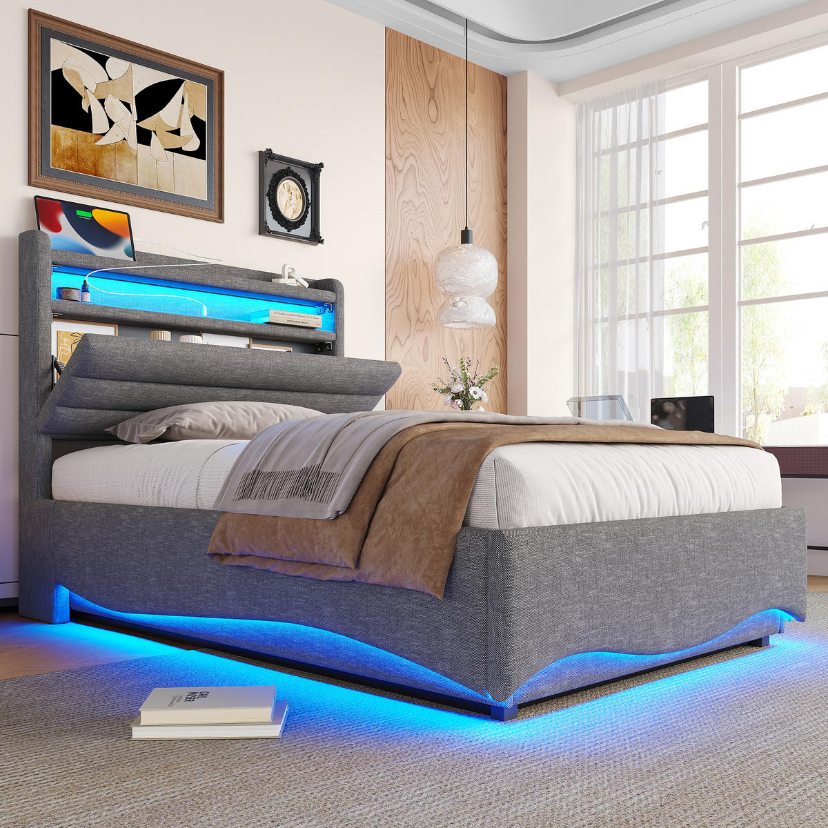 POLSTERBETT 90x200cm Grau LED Hydraulik USB Leinen - Grau, Holz (90/200cm) - FLIEKS