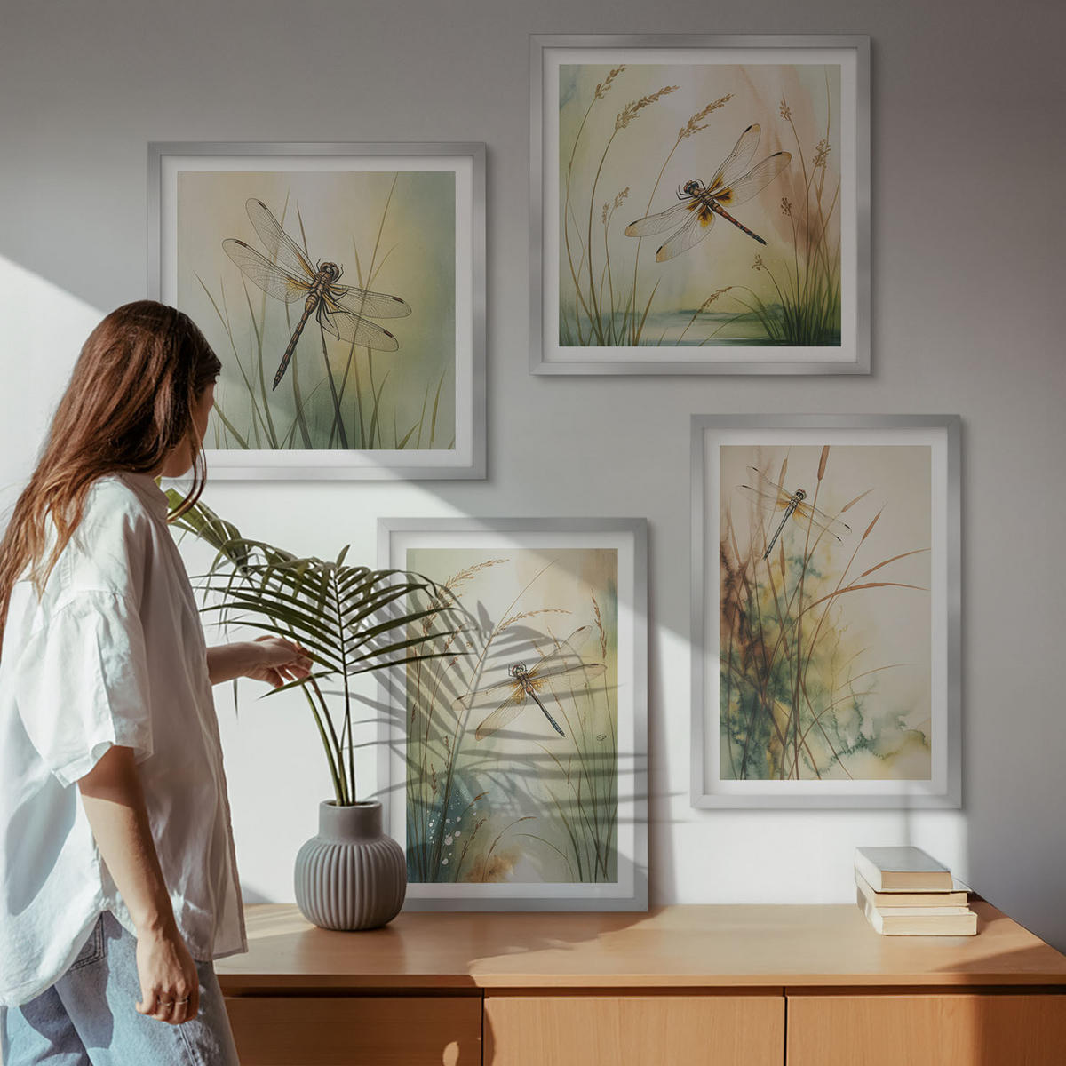 WANDBILDER 4er Set - 50x50 cm & 40x60 cm Silberner Rahmen - Libellengräser über dem Wasser - Silberfarben, Kunststoff (50/50cm) - ArtPrintCave