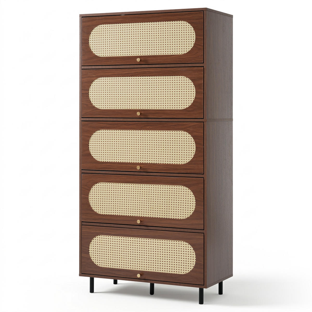 SIDEBOARD aus Holz 80x40x163 cm Nussbaum mit 5 Klappen, Rattan-Front und Metallbeinen - Walnussfarben, Holzwerkstoff (80/163/40cm) - Modfu