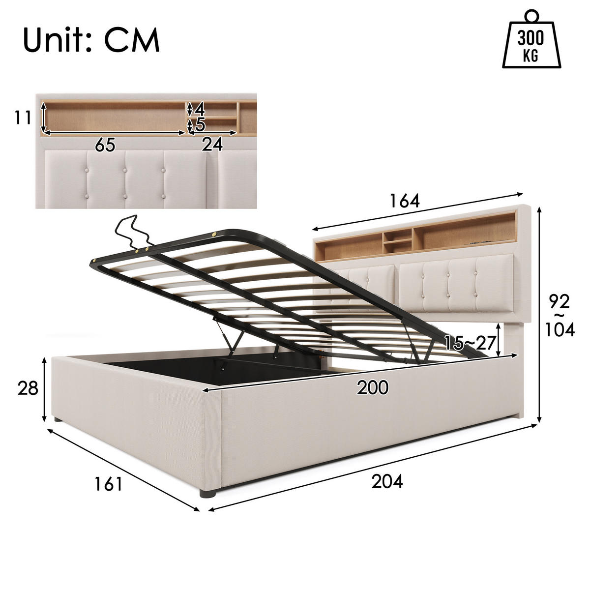 POLSTERBETT 160/200 cm Beige mit USB- und Type-C-Anschlüssen und verstellbarem Kopfteil - Beige, Textil (160/200cm) - OKWISH
