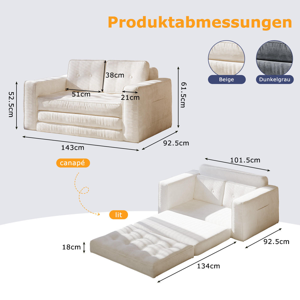 SOFA 2-Sitzer, 143 CM, mit 2 Kissen und Armlehnen,für Wohnzimmer, Schlafzimmer,aus Cord,Beige - Beige, Textil (92/42/143cm)