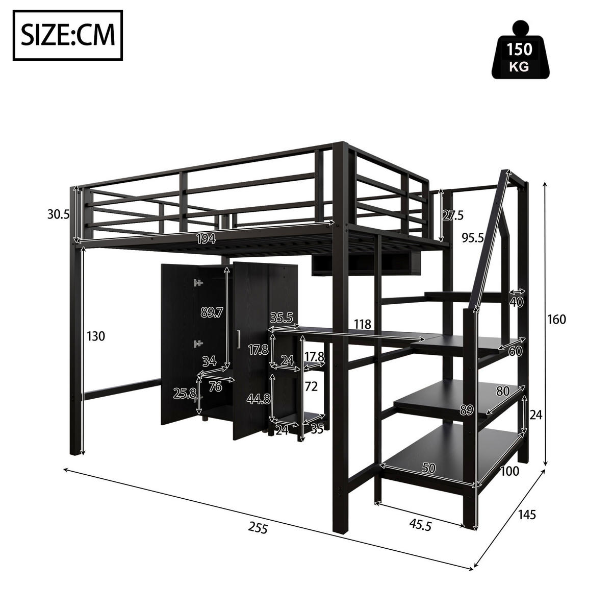 HOCHBETT 140/200 cm in Schwarz mit Schreibtisch, Kleiderschrank und Regalen - Schwarz, Metall (140/200cm) - BEAOK
