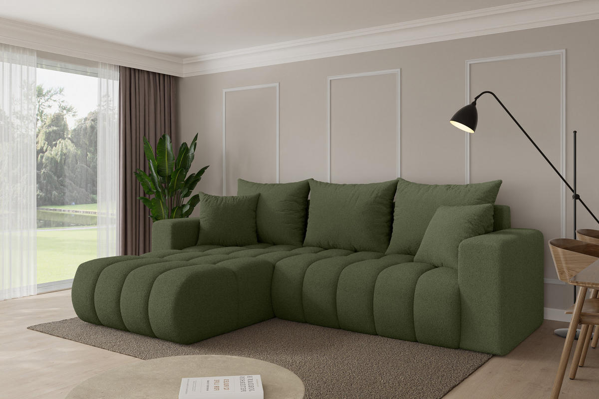 ROHOVÁ SEDAČKA s funkcí spaní, otoman vlevo MILA-L-v1 277x195x86 zelená bouclé - černá/zelená barva, kompozitní dřevo/textil (277/194cm) - ALTDECOR