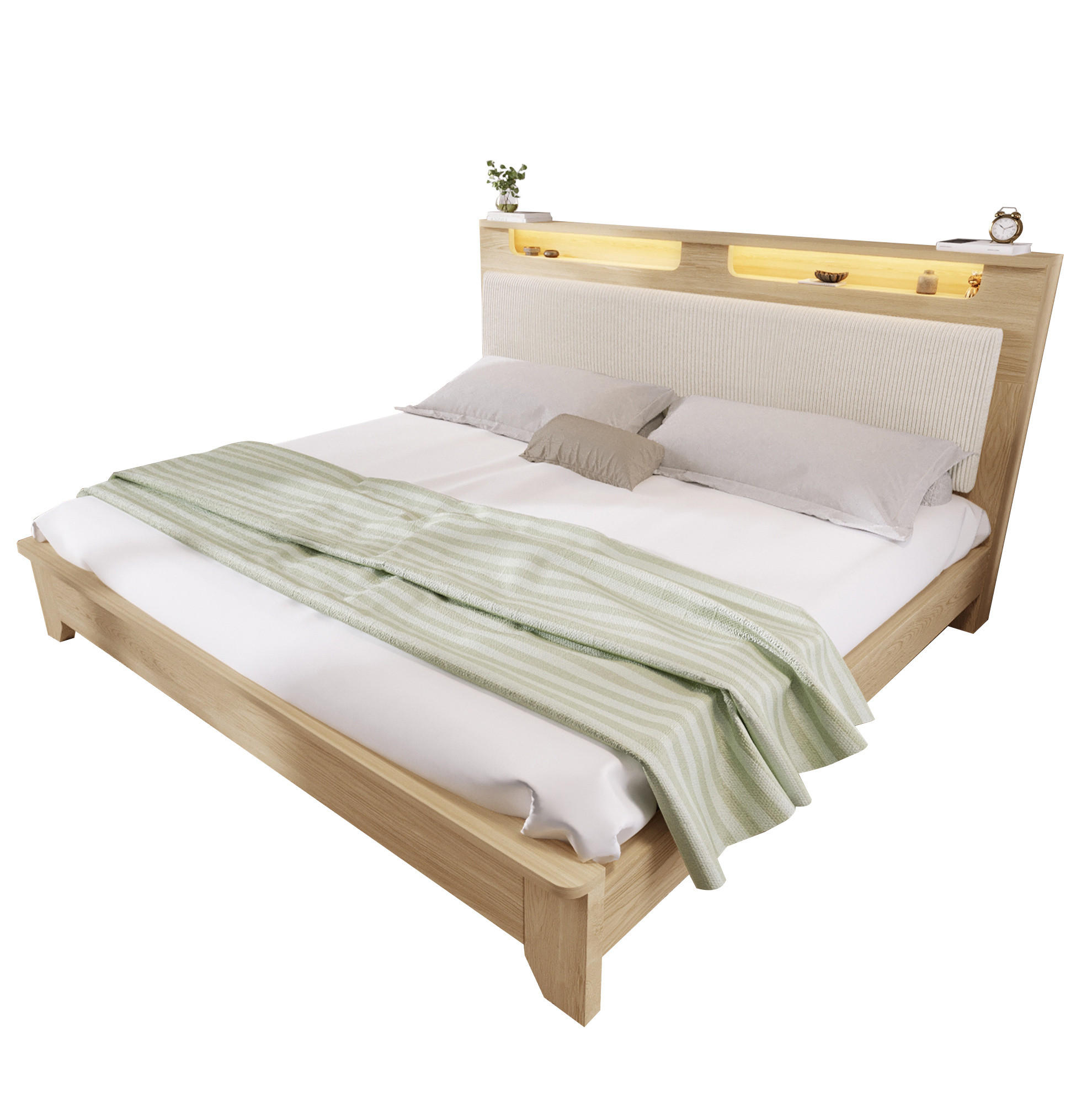 POLSTERBETT mit LED-Beleuchtung 160/200 cm in Eichefarben/Beige, inkl. Lattenrost - Beige, Textil (160/200cm) - BEAOK